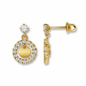 14K Solid Yellow Gold Round Dangle Shape 7x12mm Micro Pave Screw Back Earrings